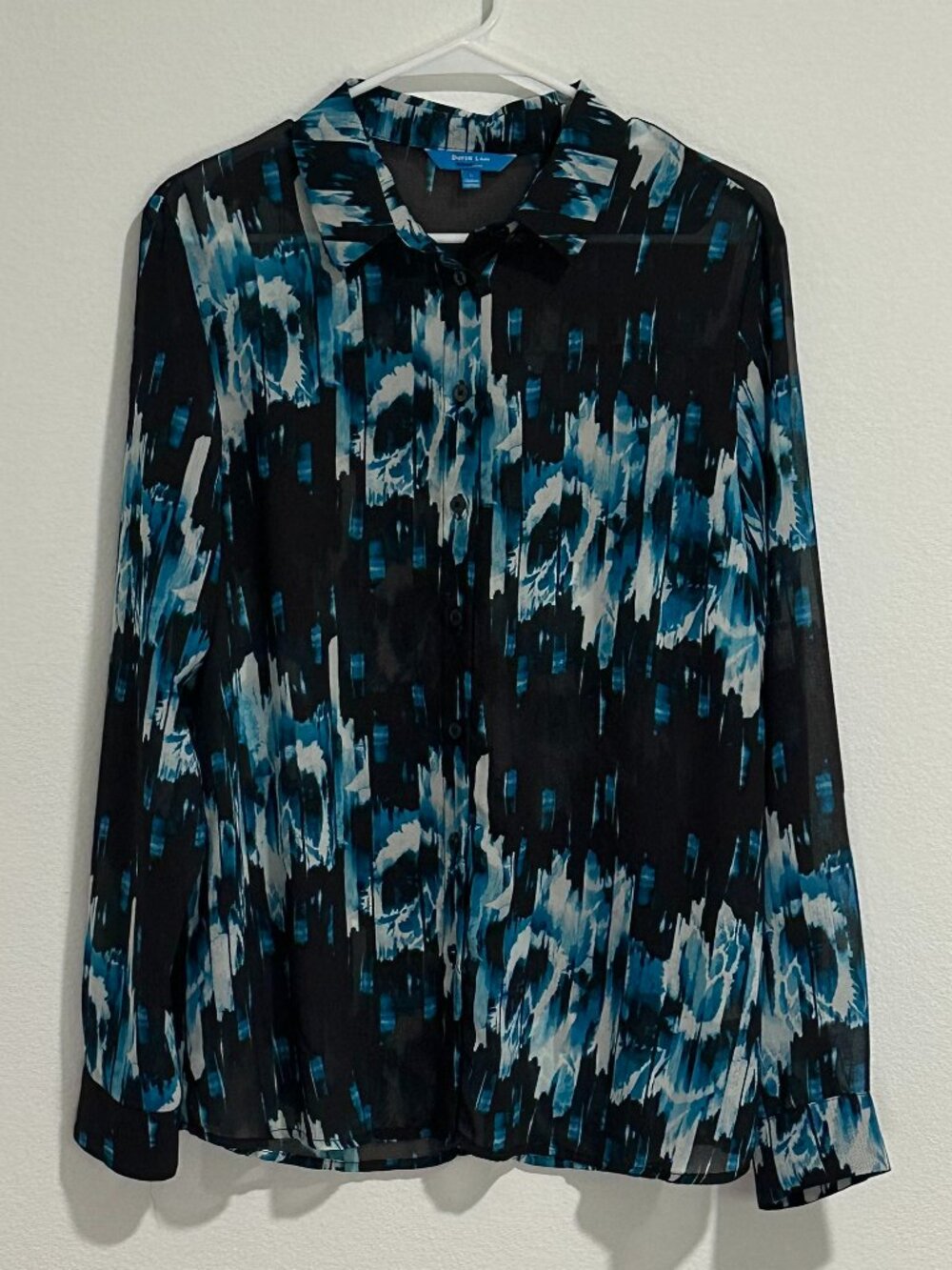 Derek Lam for DesignNation Sheer Ikat Floral Button-Front Blouse, Size L